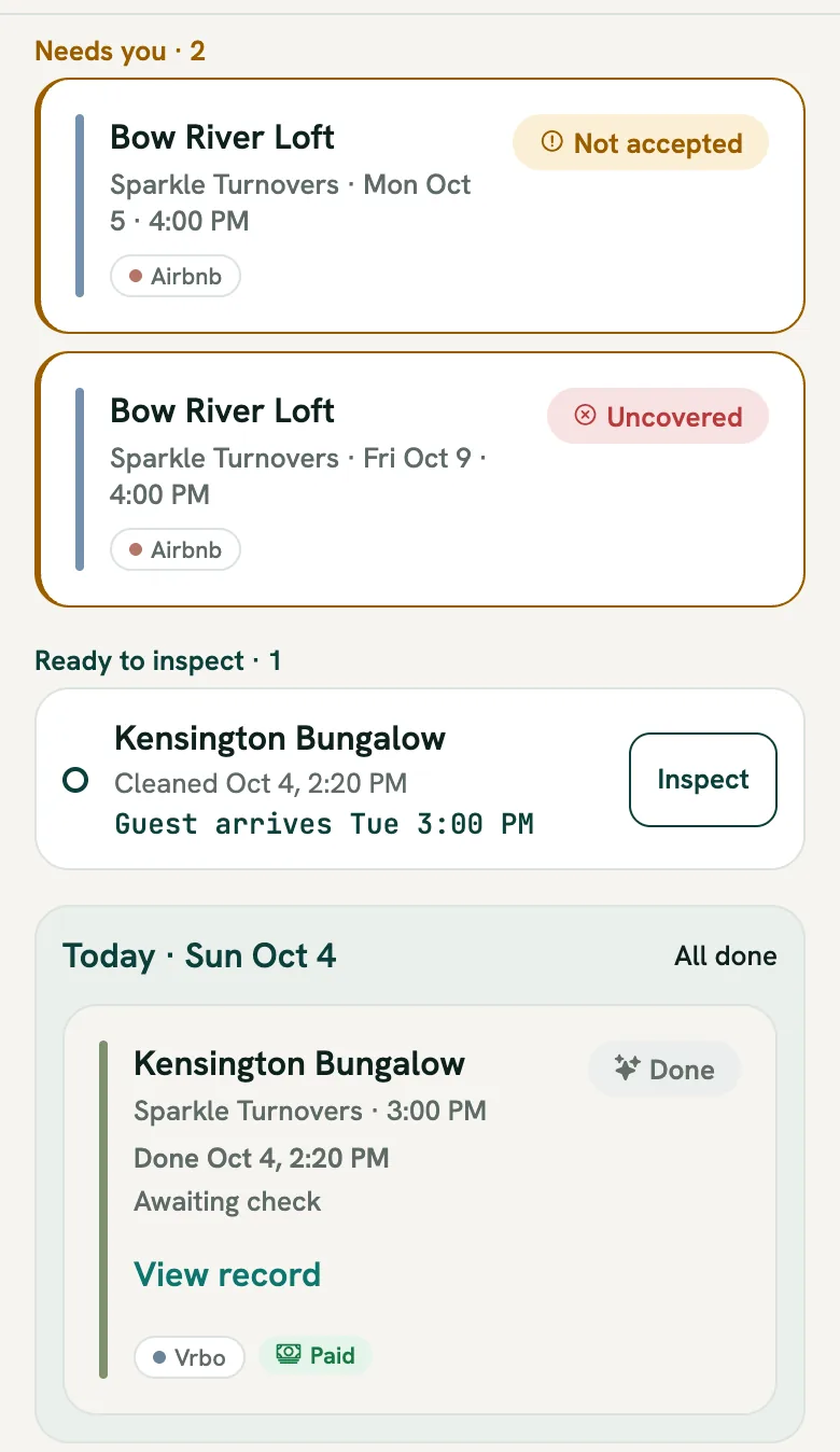 The host agenda: Needs you with one clean not accepted and one uncovered, Ready to inspect with Kensington Bungalow cleaned Oct 4 and the guest arriving Tuesday at 3:00 PM, and Today with a finished clean