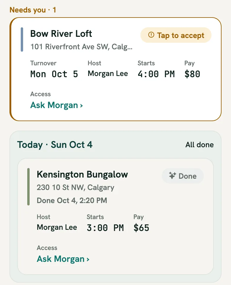The cleaner's agenda: under Needs you, Bow River Loft on Monday October 5 with a Tap to accept badge, the host's name, the start time and the pay, and below it Today with a finished clean