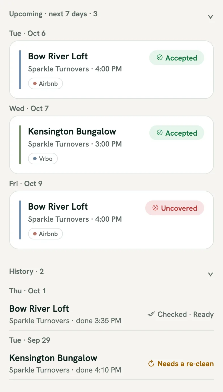 Upcoming for the next 7 days grouped by Tuesday, Wednesday and Friday, then History with Bow River Loft marked Checked and Ready and Kensington Bungalow marked Needs a re-clean