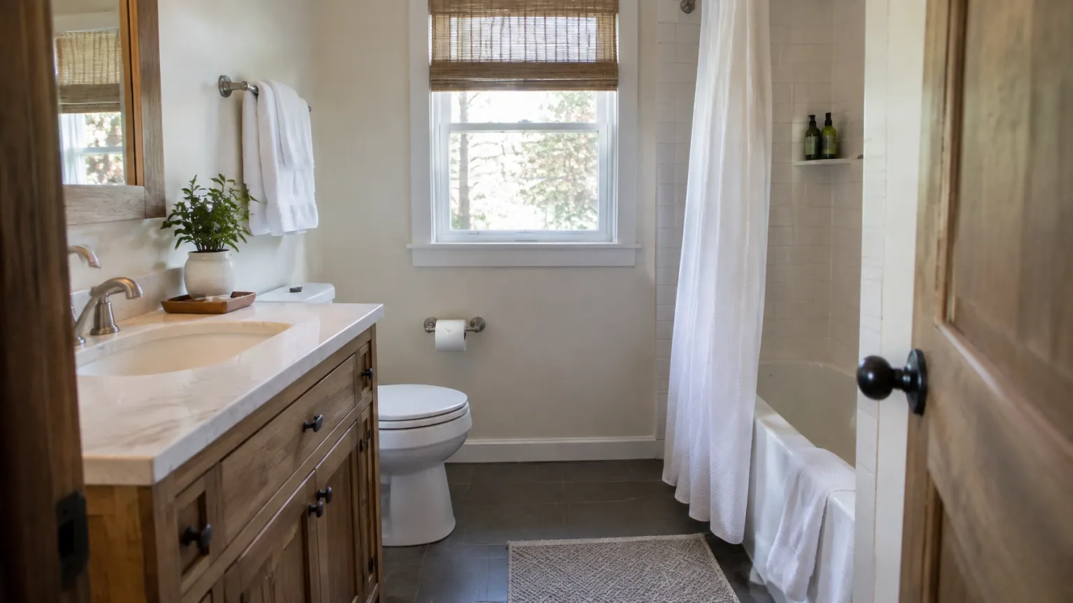 Short-term rental bathroom photographed in daylight with folded towels and clear context