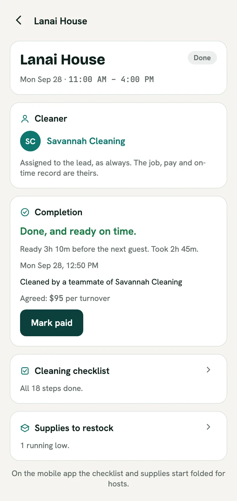 The host's view of a completed clean, assigned to Savannah Cleaning, with the line Cleaned by a teammate of Savannah Cleaning