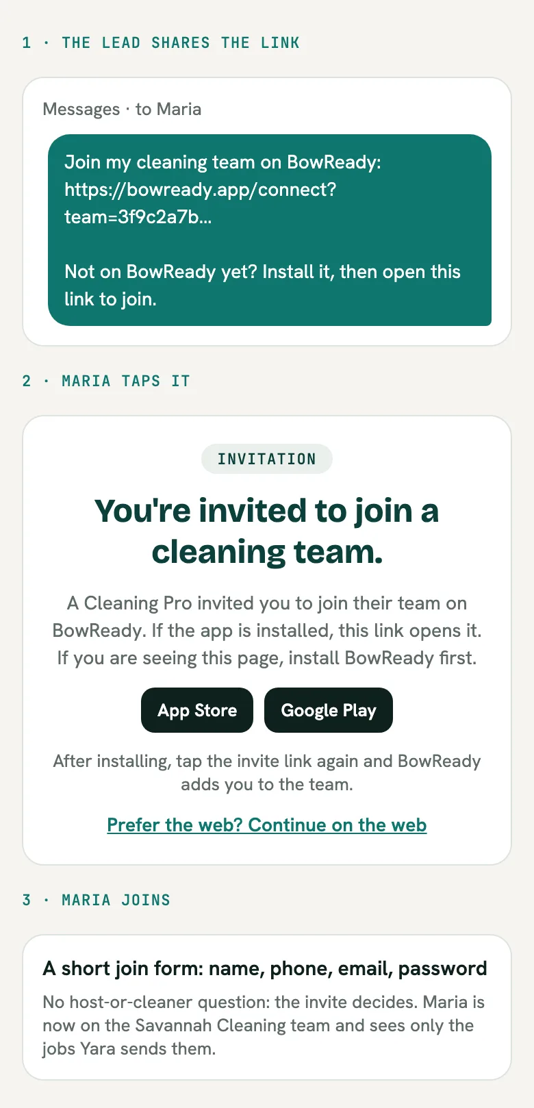 The invite message with a bowready.app link, the page that says You're invited to join a cleaning team with App Store and Google Play buttons, and the short join form
