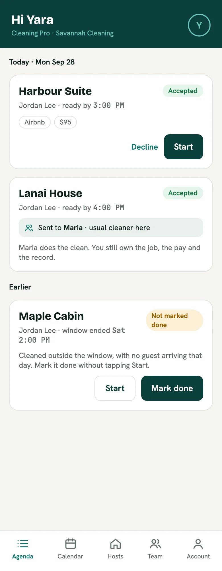 The lead's agenda showing a job to start, a job sent to Maria, and an earlier job with Start and Mark done side by side