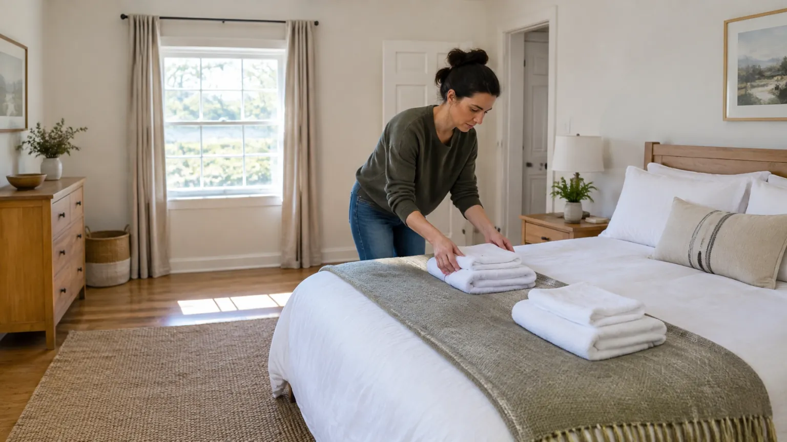 A host preparing a bright vacation rental bedroom with fresh bedding in daylight