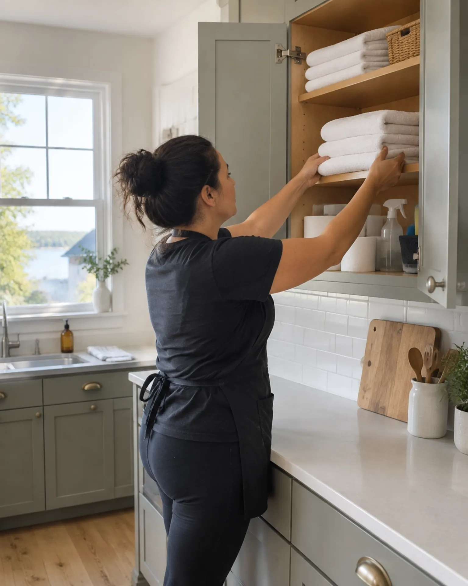 Cleaner placing folded linens in a bright short-term rental kitchen during a turnover
