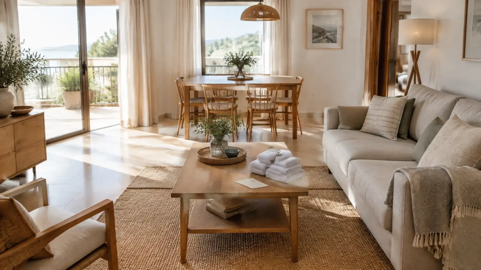 Bright living room and dining area prepared for arriving short-term rental guests