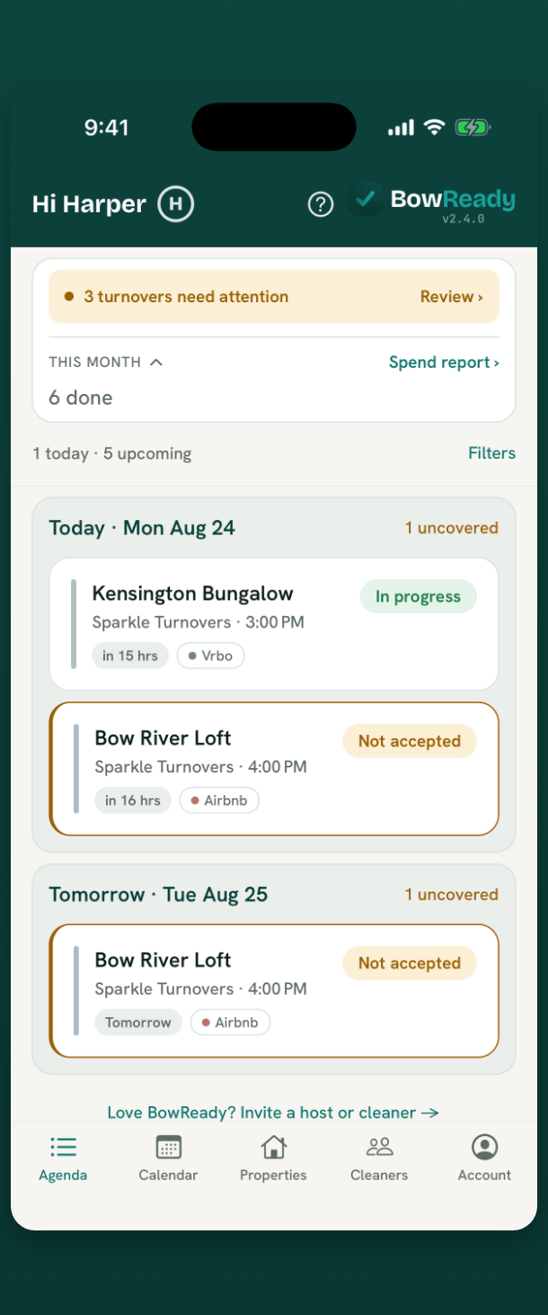 BowReady host agenda showing turnovers that need attention across channels