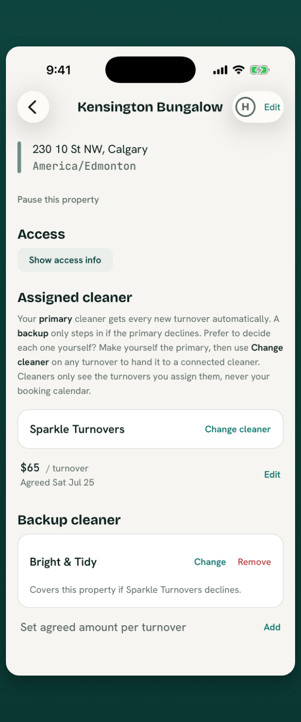Property setup with an assigned cleaner and a backup