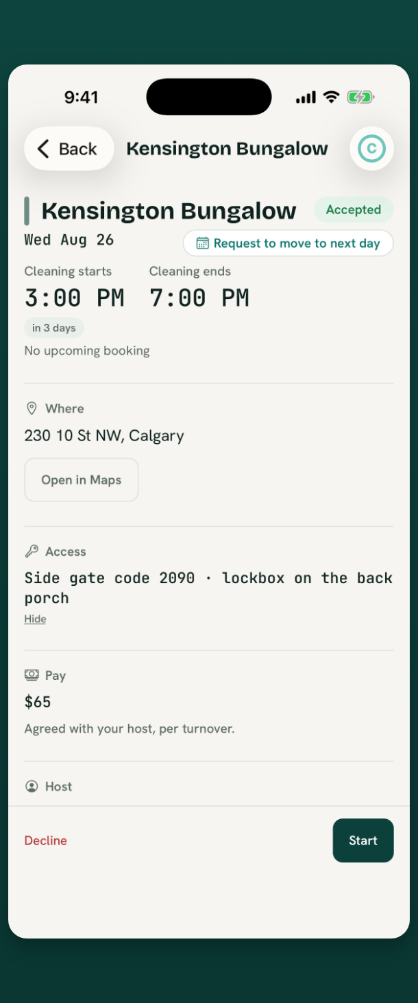 A turnover detail with time, address, access code, and the host's contact