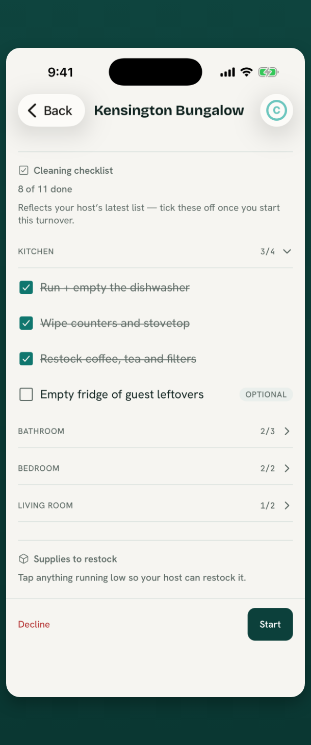 A per-room cleaning checklist with must-do steps and progress