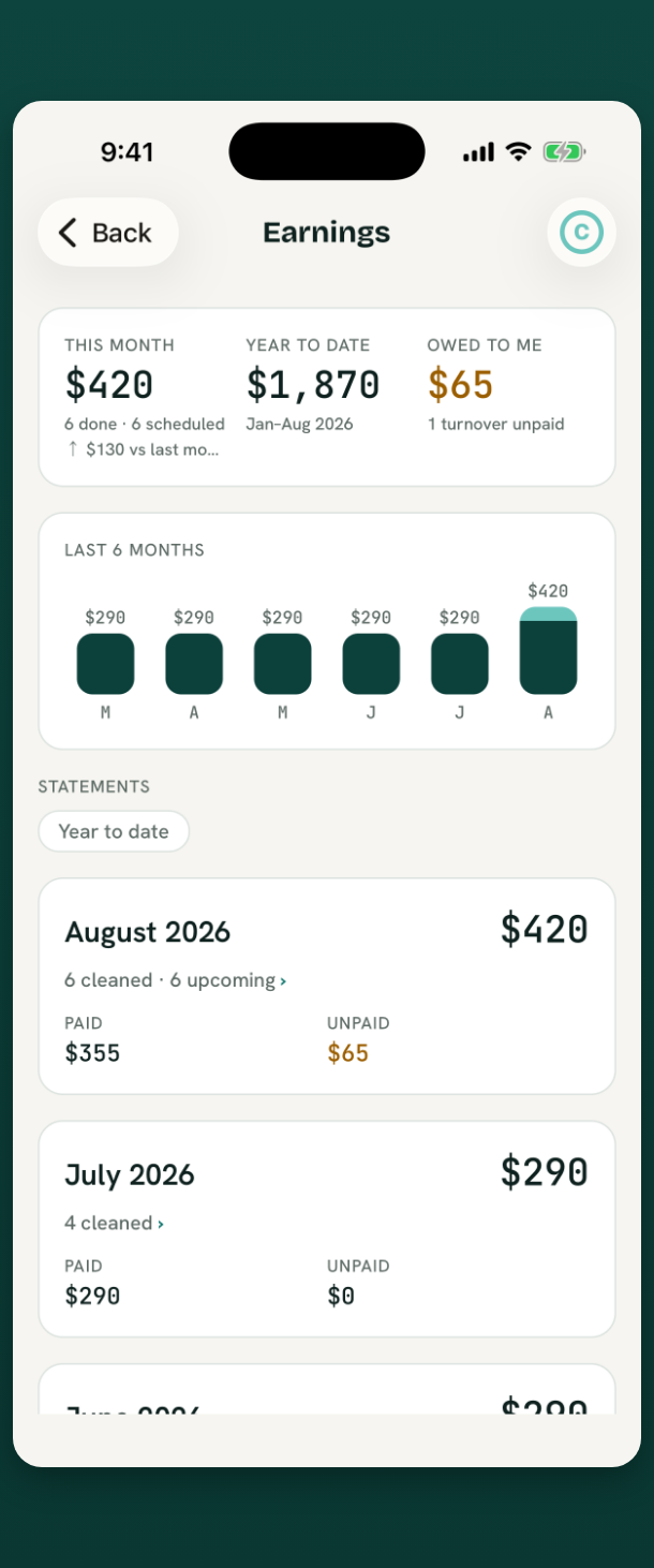 A cleaner's earnings: this month, year to date, and what's still owed