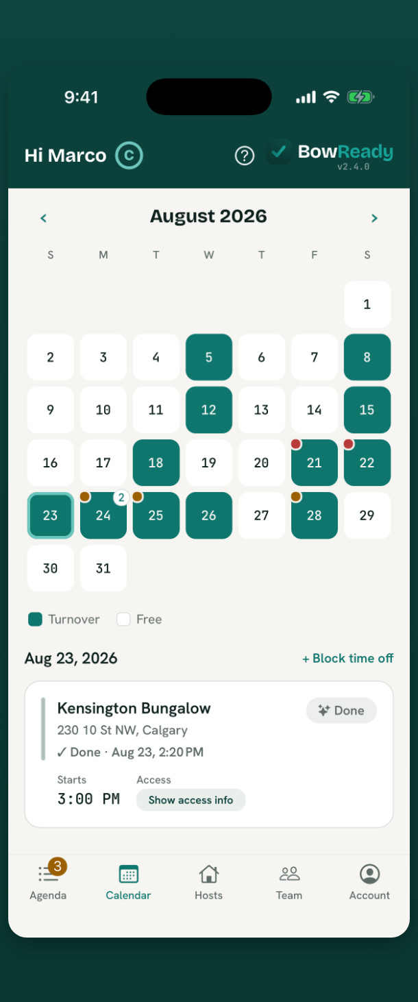 A month calendar with turnover days marked and the day's jobs below