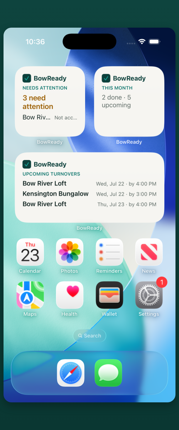 BowReady home-screen widgets showing the next turnovers
