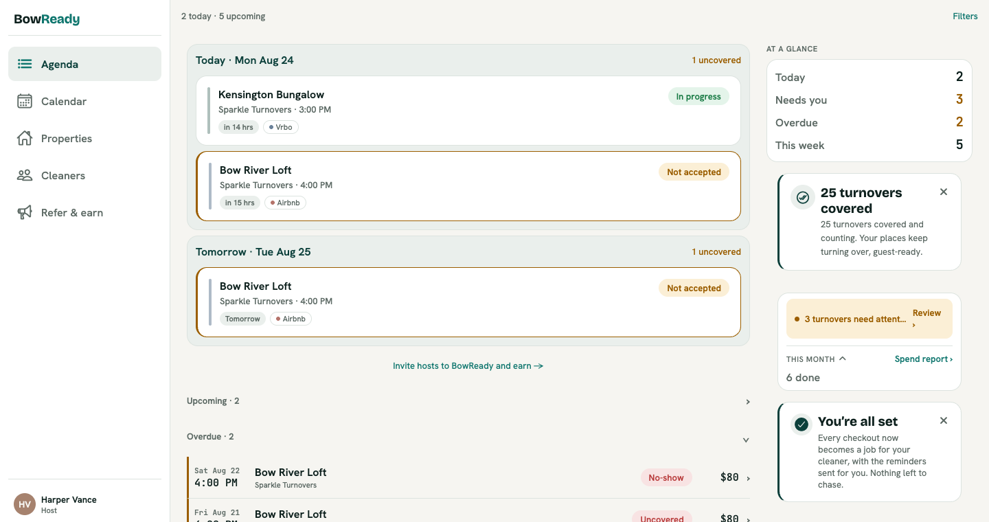 BowReady host console on the web, showing the agenda, coverage at a glance, and this month's spend